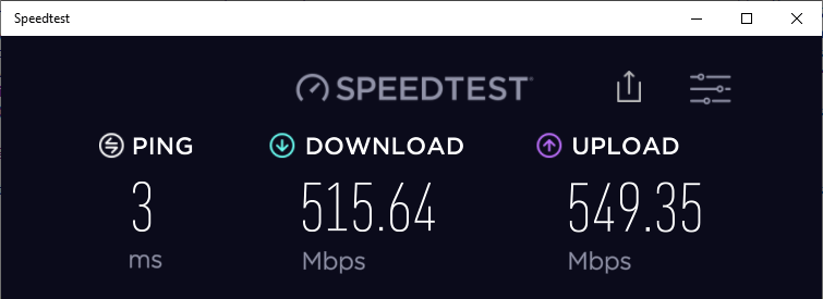 3 ms ping; 516 megabit download; 549 megabit upload