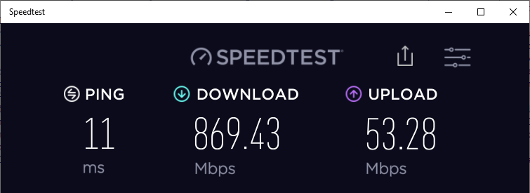 11 ms ping; 869 megabit download; 53 megabit upload